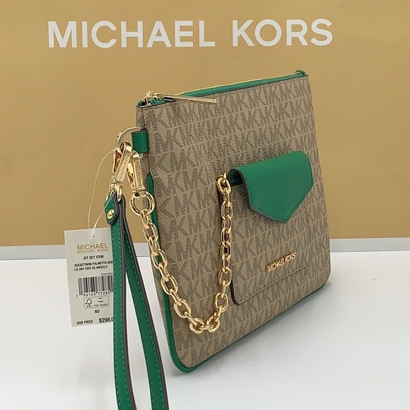 Michael Kors Jet Set LG 2 in 1 card case wristlet Wallet PALMETTO GREEN SIGNATUR - Picture 9 of 16
